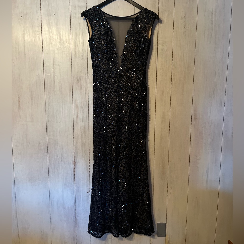 Navy blue beaded/sequin gown.